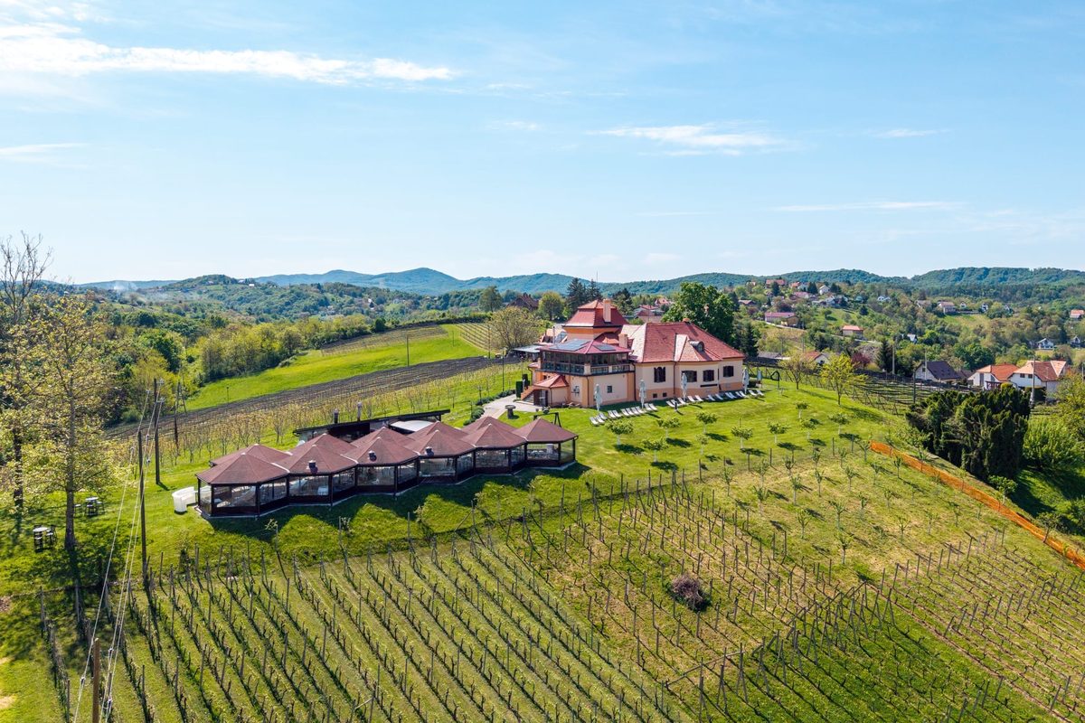 Imanje sa staklenim paviljonima okruženo vinogradima